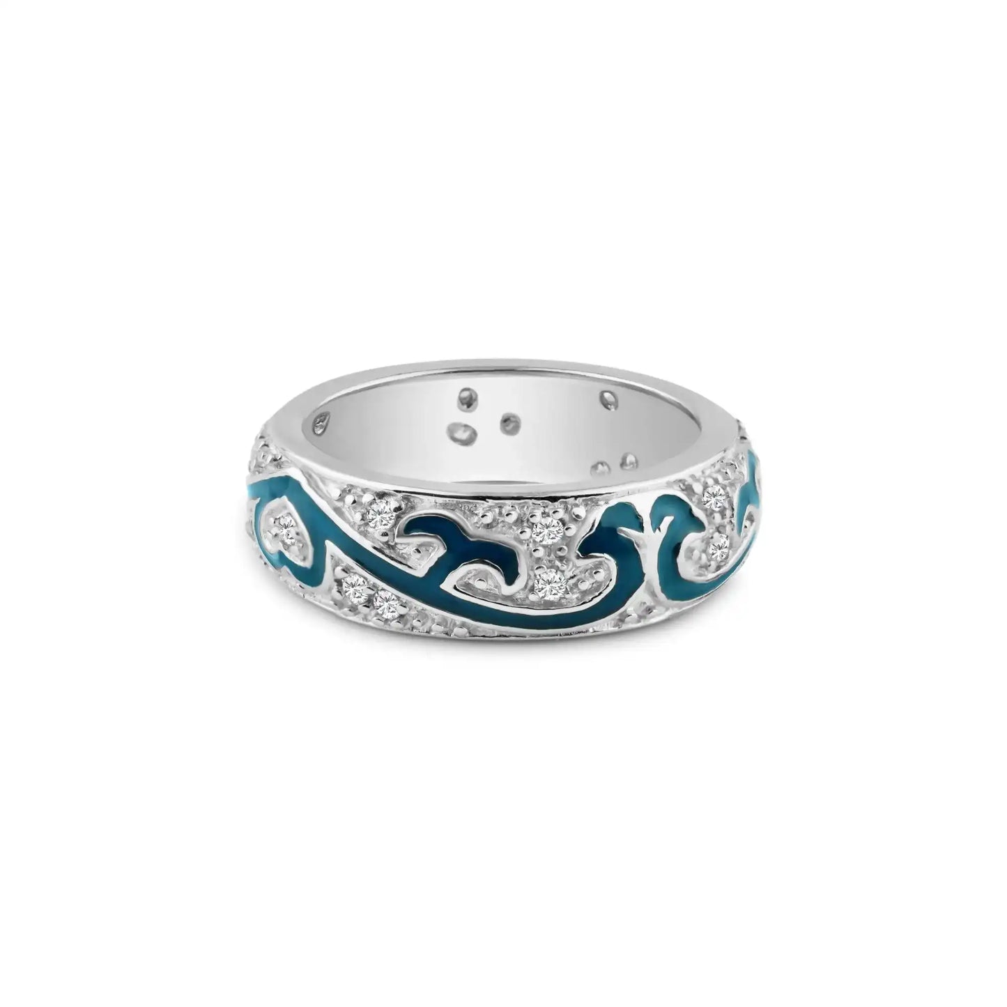925 Sterling Silver Rhodium Plated Blue Enamel Pave Set CZ Eternity Ring