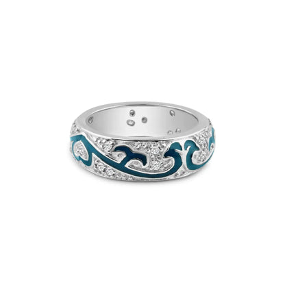 925 Sterling Silver Rhodium Plated Blue Enamel Pave Set CZ Eternity Ring
