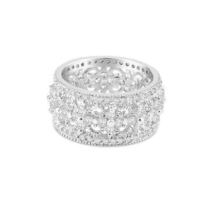 925 Silver Rhodium Plated CZ Orante Flower Eternity Ring