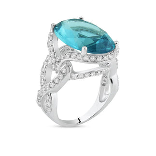 925 Silver Clearance - Rhodium Plated Blue Center and Clear CZ Ring