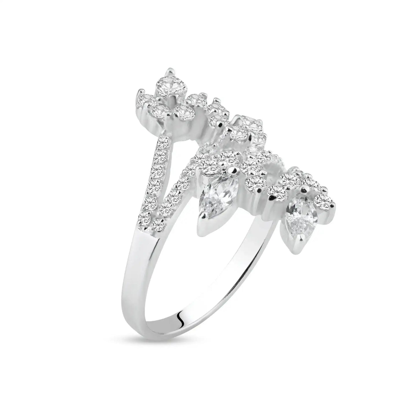 925 Sterling Silver Rhodium Plated CZ Flower Wrap Ring