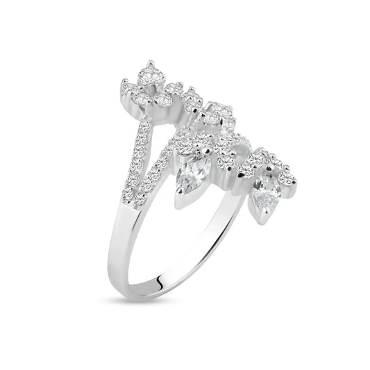 925 Sterling Silver Rhodium Plated CZ Flower Wrap Ring
