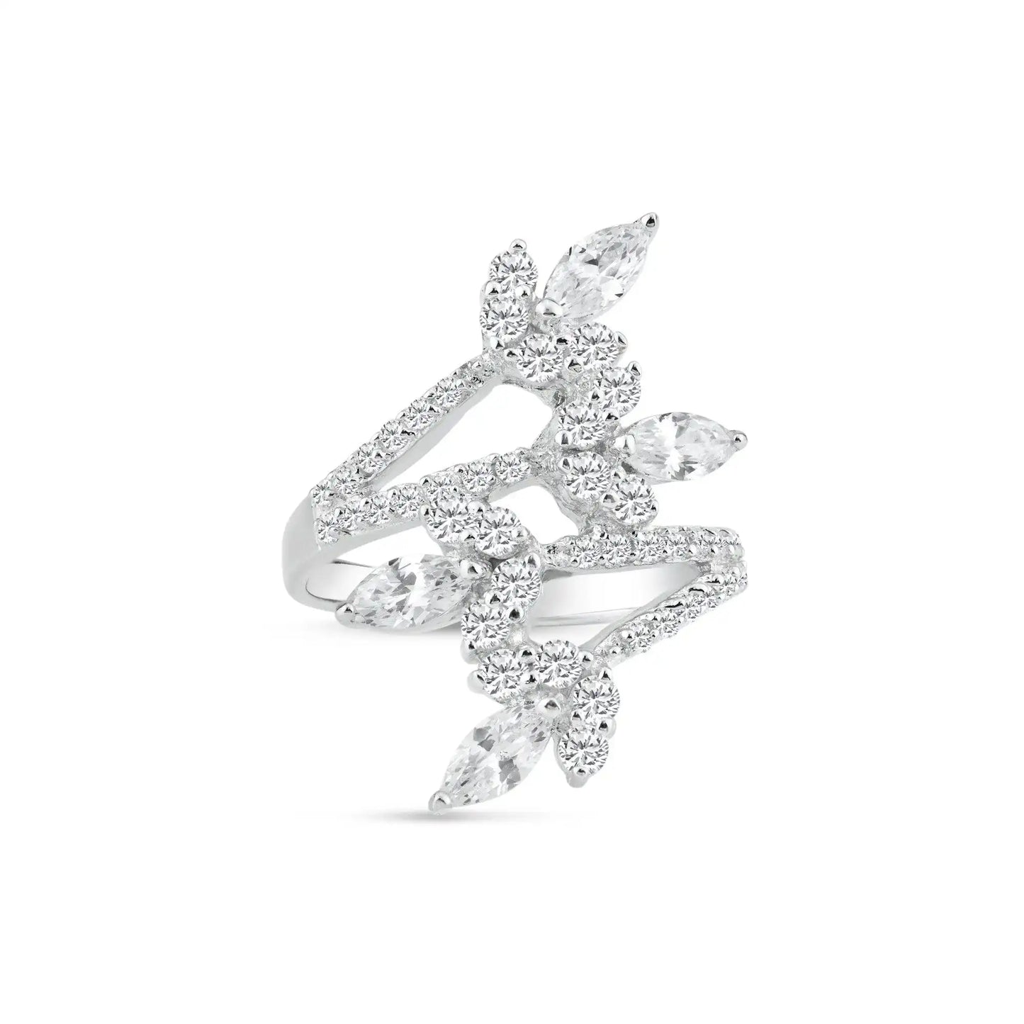 925 Sterling Silver Rhodium Plated CZ Flower Wrap Ring