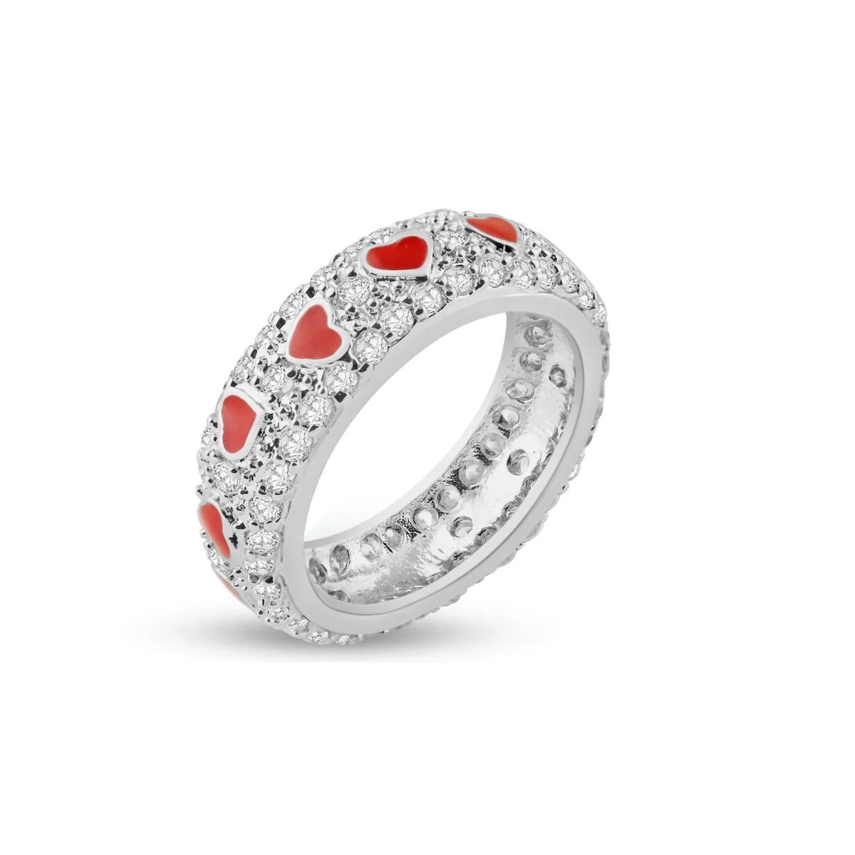 925 Silver Rhodium Plated Red Enamel Heart Pave Set CZ Eternity Ring