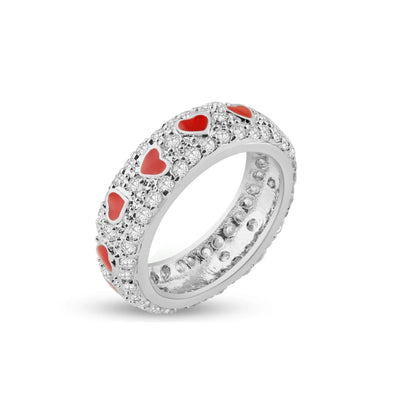 925 Silver Rhodium Plated Red Enamel Heart Pave Set CZ Eternity Ring