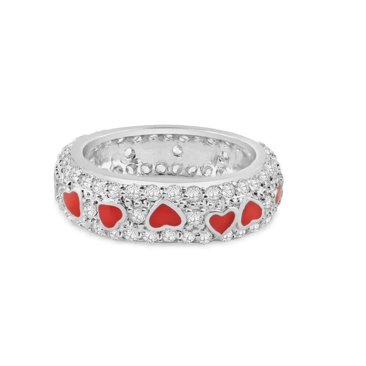 925 Silver Rhodium Plated Red Enamel Heart Pave Set CZ Eternity Ring