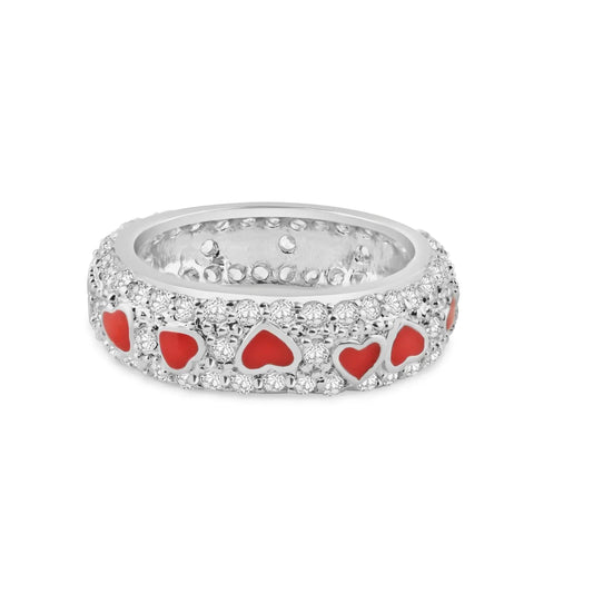 925 Silver Rhodium Plated Red Enamel Heart Pave Set CZ Eternity Ring