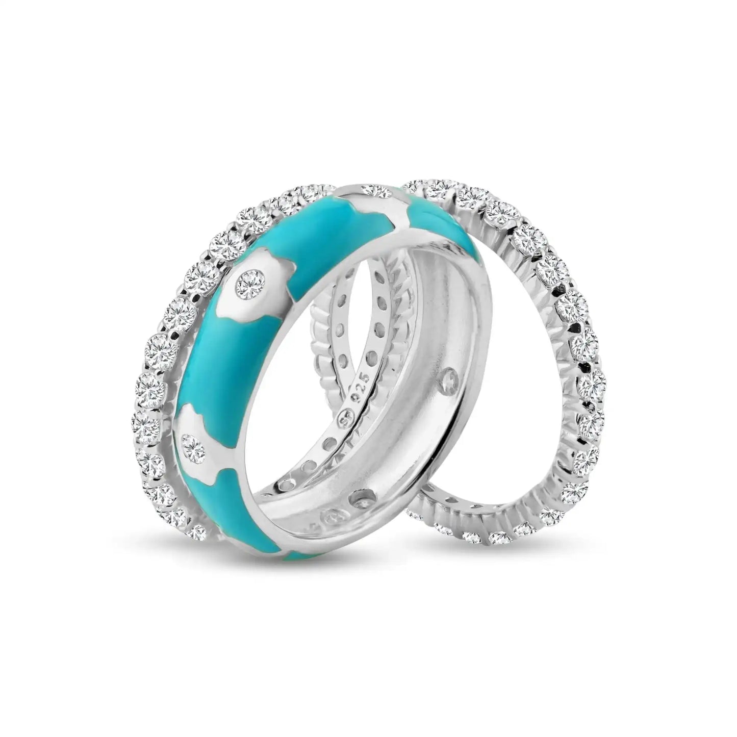 925 Sterling Silver Rhodium Plated Blue Enamel CZ Flower Stackable Ring Set