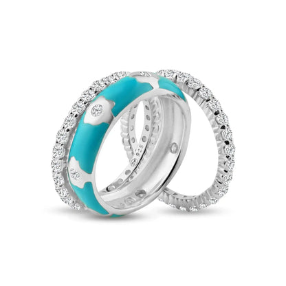 925 Sterling Silver Rhodium Plated Blue Enamel CZ Flower Stackable Ring Set