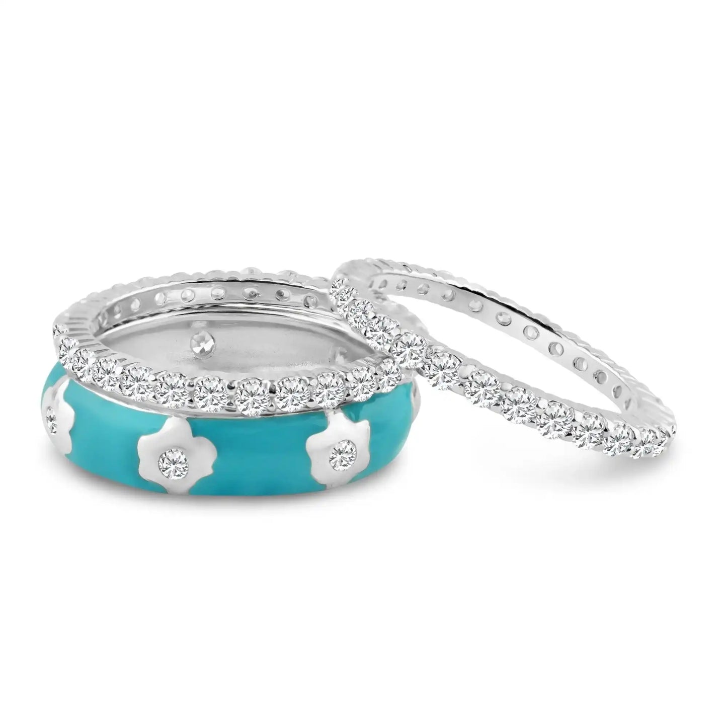 925 Sterling Silver Rhodium Plated Blue Enamel CZ Flower Stackable Ring Set