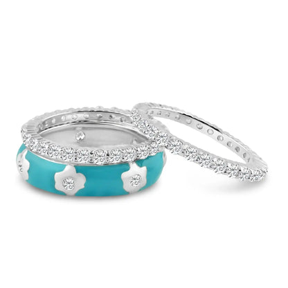 925 Sterling Silver Rhodium Plated Blue Enamel CZ Flower Stackable Ring Set