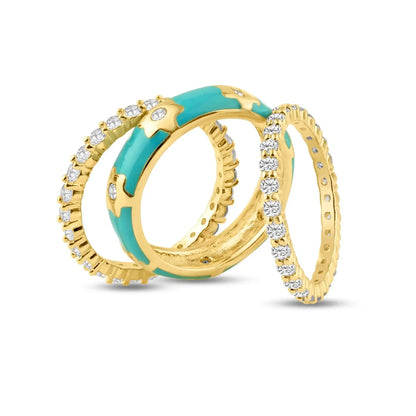 925 Sterling Silver Gold Plated Blue Enamel CZ Flower Stackable Ring Set