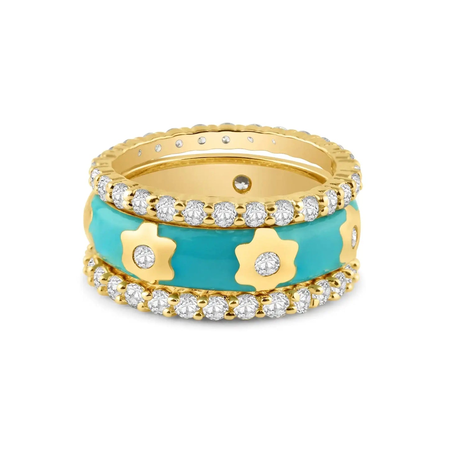 925 Sterling Silver Gold Plated Blue Enamel CZ Flower Stackable Ring Set