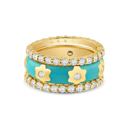 925 Sterling Silver Gold Plated Blue Enamel CZ Flower Stackable Ring Set