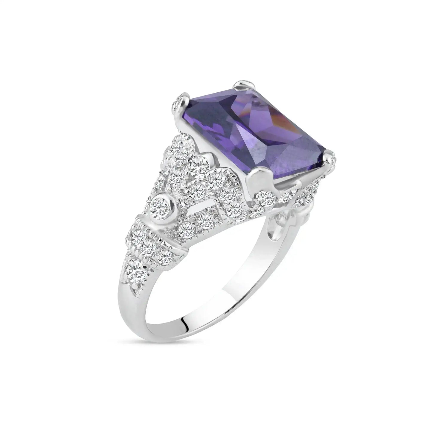 925 Sterling Silver Rhodium Plated Purple Square CZ Antique Ring