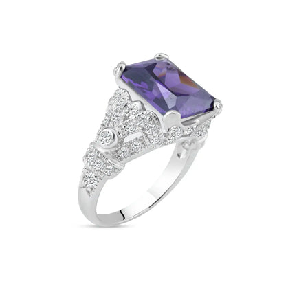 925 Sterling Silver Rhodium Plated Purple Square CZ Antique Ring