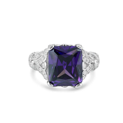 925 Sterling Silver Rhodium Plated Purple Square CZ Antique Ring
