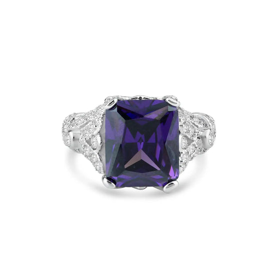 925 Sterling Silver Rhodium Plated Purple Square CZ Antique Ring