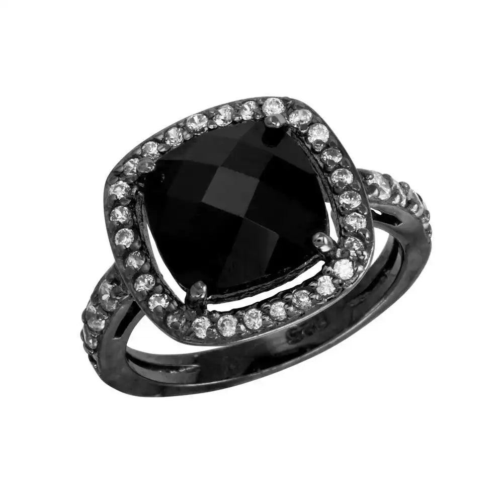 925 Sterling Silver Black Rhodium Plated Square Halo Black CZ Center Ring