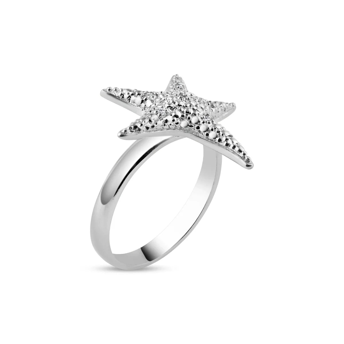 925 Silver Rhodium Plated CZ Starfish Ring