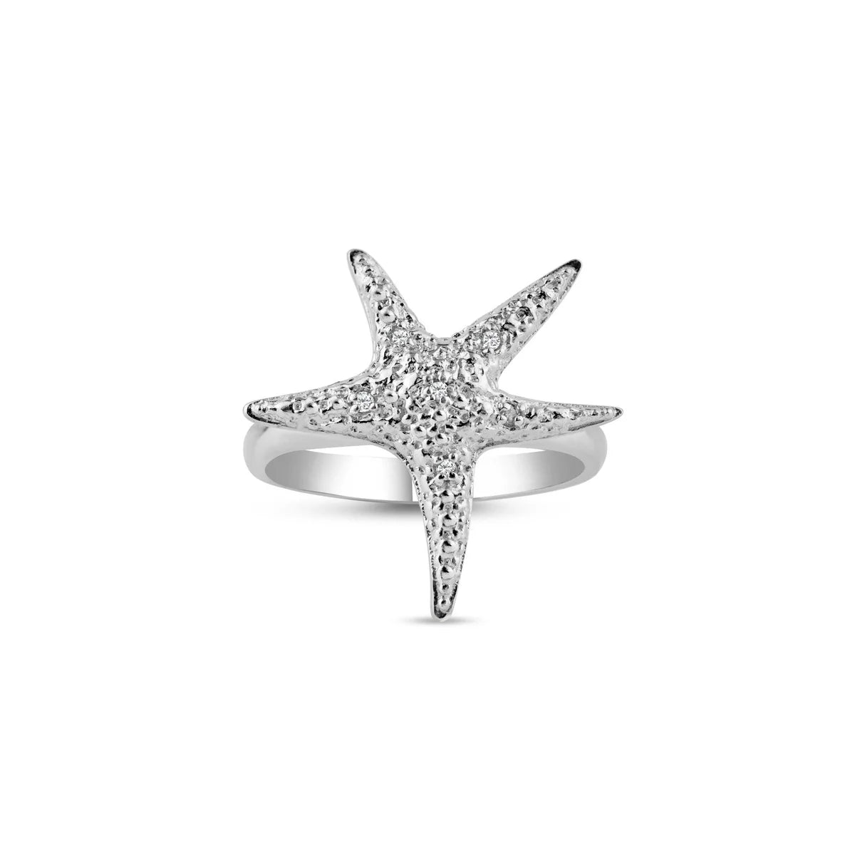 925 Silver Rhodium Plated CZ Starfish Ring