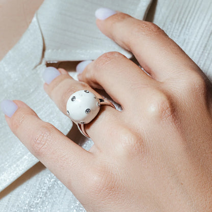 925 Silver Clearance-Rhodium Plated White Enamel CZ Ball Ring