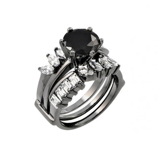 925 Silver Black Rhodium Plated Black Center Clear Baguette Marquise CZ Ring