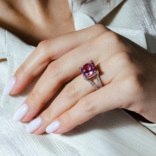 925 Sterling Silver Clearance Rhodium Plated Pink Square CZ Ring