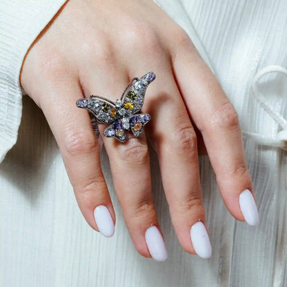 925 Sterling Silver Clearance Black Rhodium Plated Multi Colored CZ Butterfly Ring