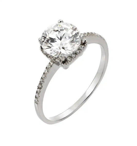925 Sterling Silver Rhodium Plated Round Clear CZ Ring