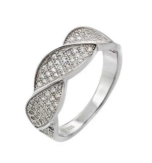 925 Sterling Silver Rhodium Plated Round Clear CZ Twisted Ring