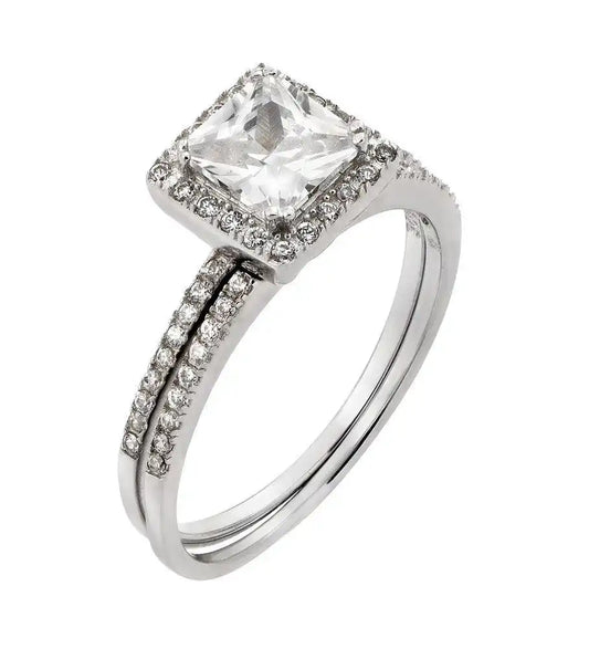 925 Sterling Silver Rhodium Plated Band Square CZ Ring