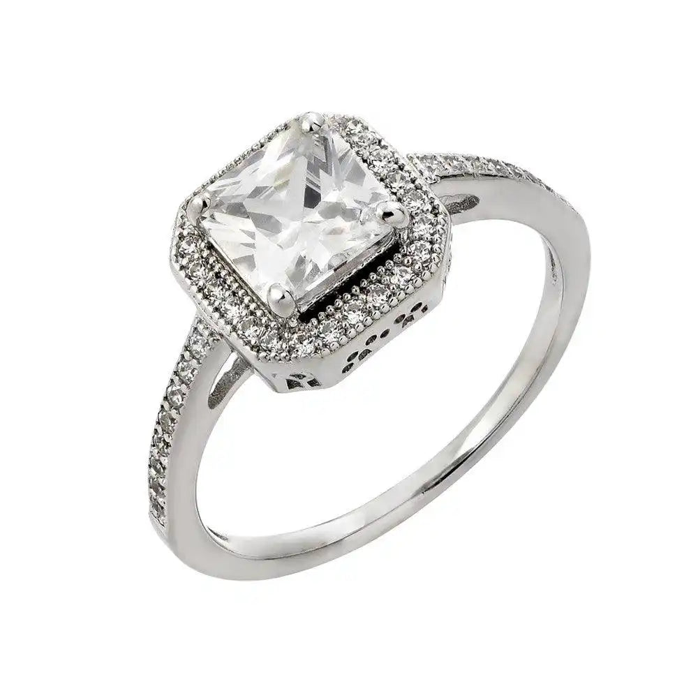 925 Sterling Silver Rhodium Plated Clear Cluster Square Cut CZ Bridal Ring