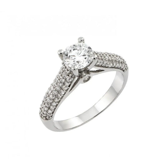 925 Sterling Silver Rhodium Plated Wedding Round Circle CZ Micro Pave Ring