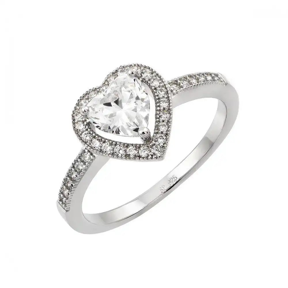 925 Sterling Silver Rhodium Plated Heart Clear CZ Ring
