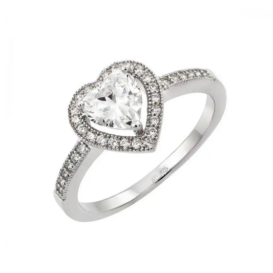 925 Sterling Silver Rhodium Plated Heart Clear CZ Ring