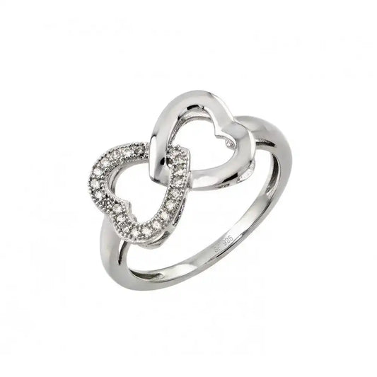 925 Sterling Silver Rhodium Plated Clear Inlay CZ Intertwined Heart Ring