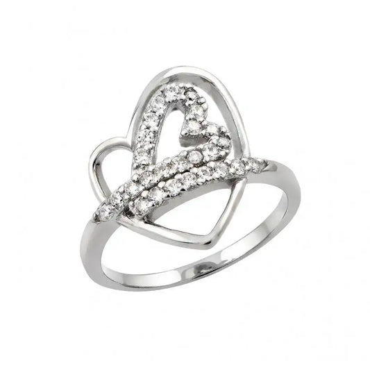 925 Sterling Silver Rhodium Plated Clear CZ Inlay Open Heart Ring