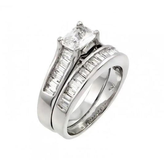 925 Sterling Silver Rhodium Plated Clear Baguette CZ Engagement Ring Pair Set
