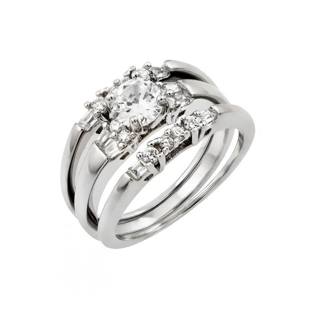 925 Silver Rhodium Plated Clear Round CZ Inlay Bridal Engagement Ring Pair Set