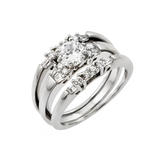 925 Silver Rhodium Plated Clear Round CZ Inlay Bridal Engagement Ring Pair Set