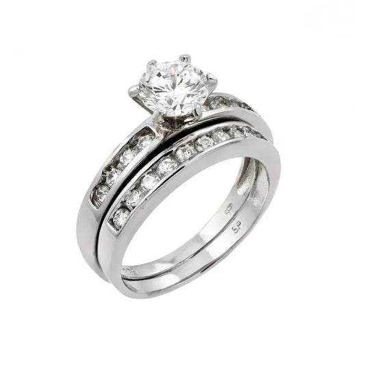 925 Sterling Silver Rhodium Plated Clear Round CZ Engagement Ring Pair Set