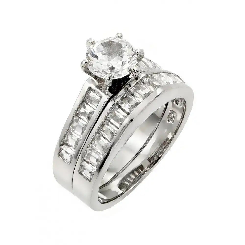 925 Sterling Silver Rhodium Plated Clear Baguette CZ Engagement Ring Pair Set