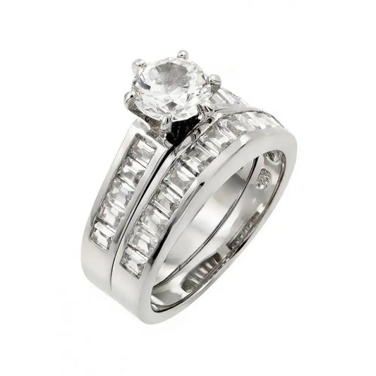 925 Sterling Silver Rhodium Plated Clear Baguette CZ Engagement Ring Pair Set