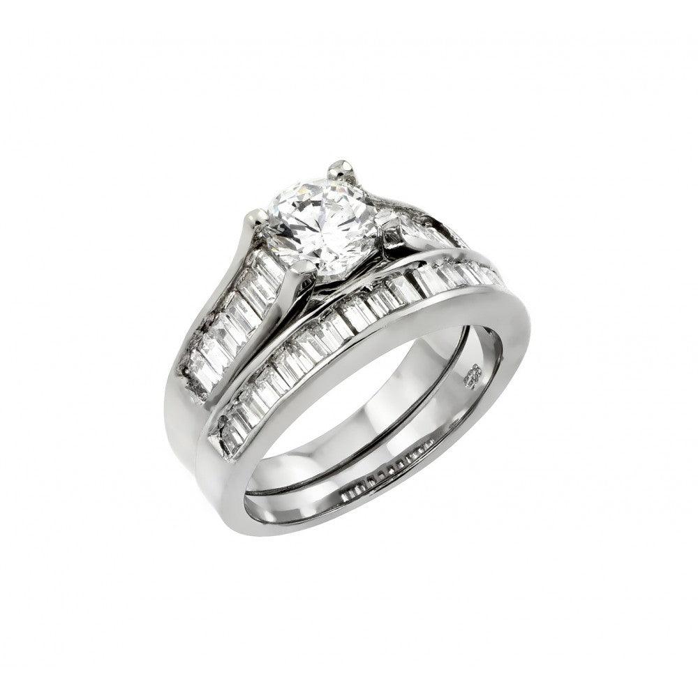 925 Silver Rhodium Plated Clear Baguette CZ Engagement Ring Pair Set