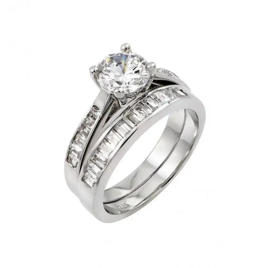 925 Sterling Silver Rhodium Plated Clear Baguette CZ Engagement Ring Pair Set