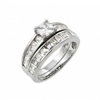 925 Silver Rhodium Plated Clear Square CZ Inlay Engagement Ring Pair Set