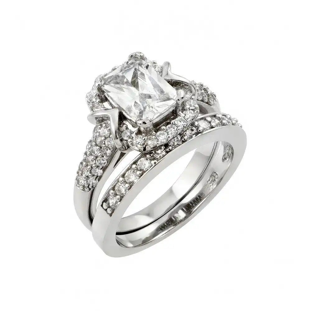 925 Sterling Silver Rhodium Plated Clear Pave Square CZ Engagement Ring Pair Set