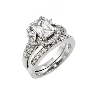 925 Sterling Silver Rhodium Plated Clear Pave Square CZ Engagement Ring Pair Set