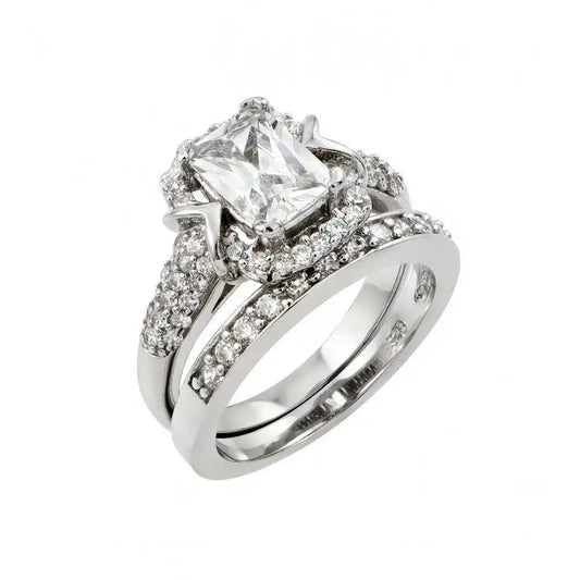 925 Sterling Silver Rhodium Plated Clear Pave Square CZ Engagement Ring Pair Set